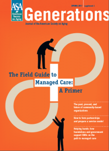 graphic of the cover of ASA's Field Guide to Managed Care Journal. Features a graphic of two figures working together to link a maze against an orange background.
